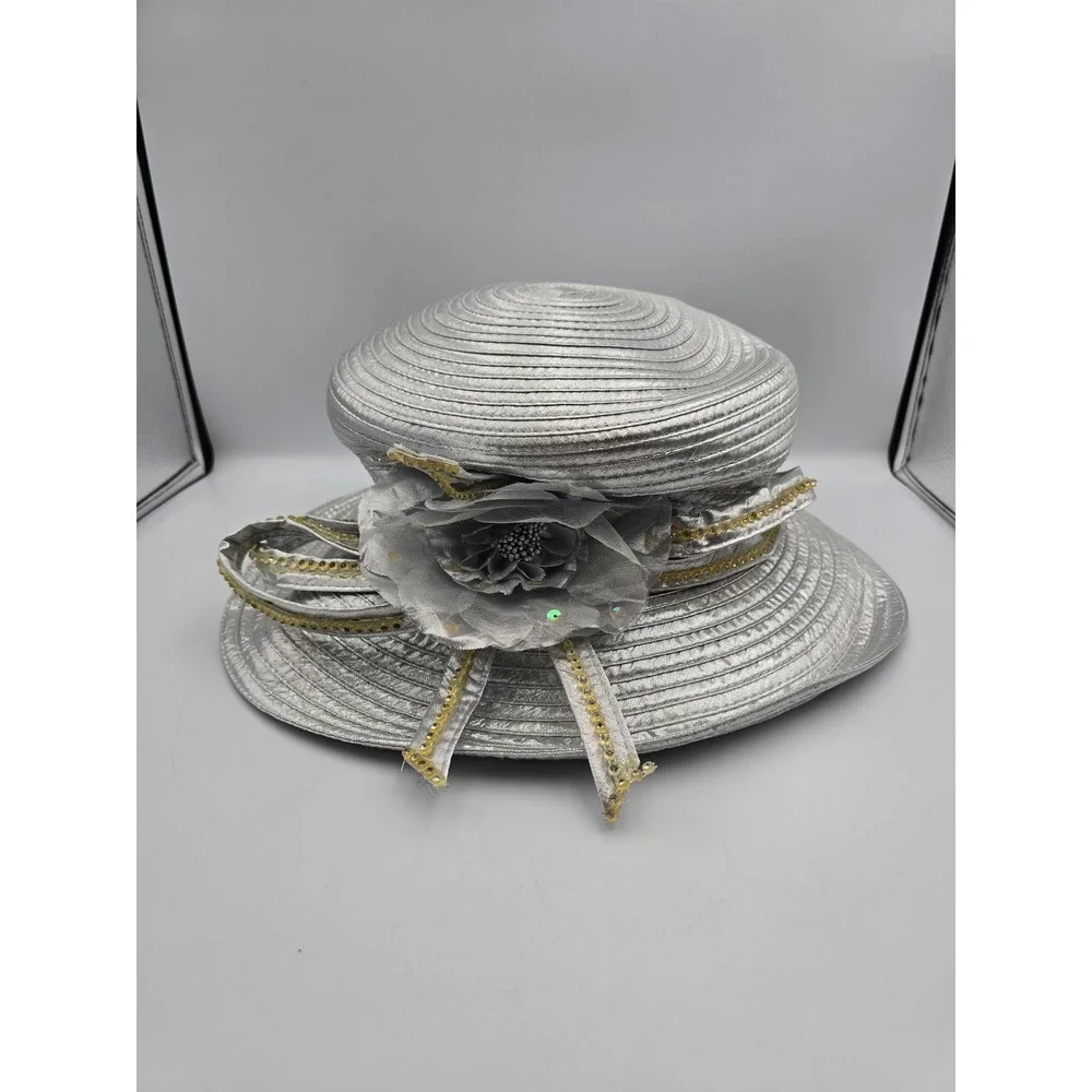 Unbranded Wide Brim Church Hat Women One‎ Size Silver Good Floral Sequin Trim